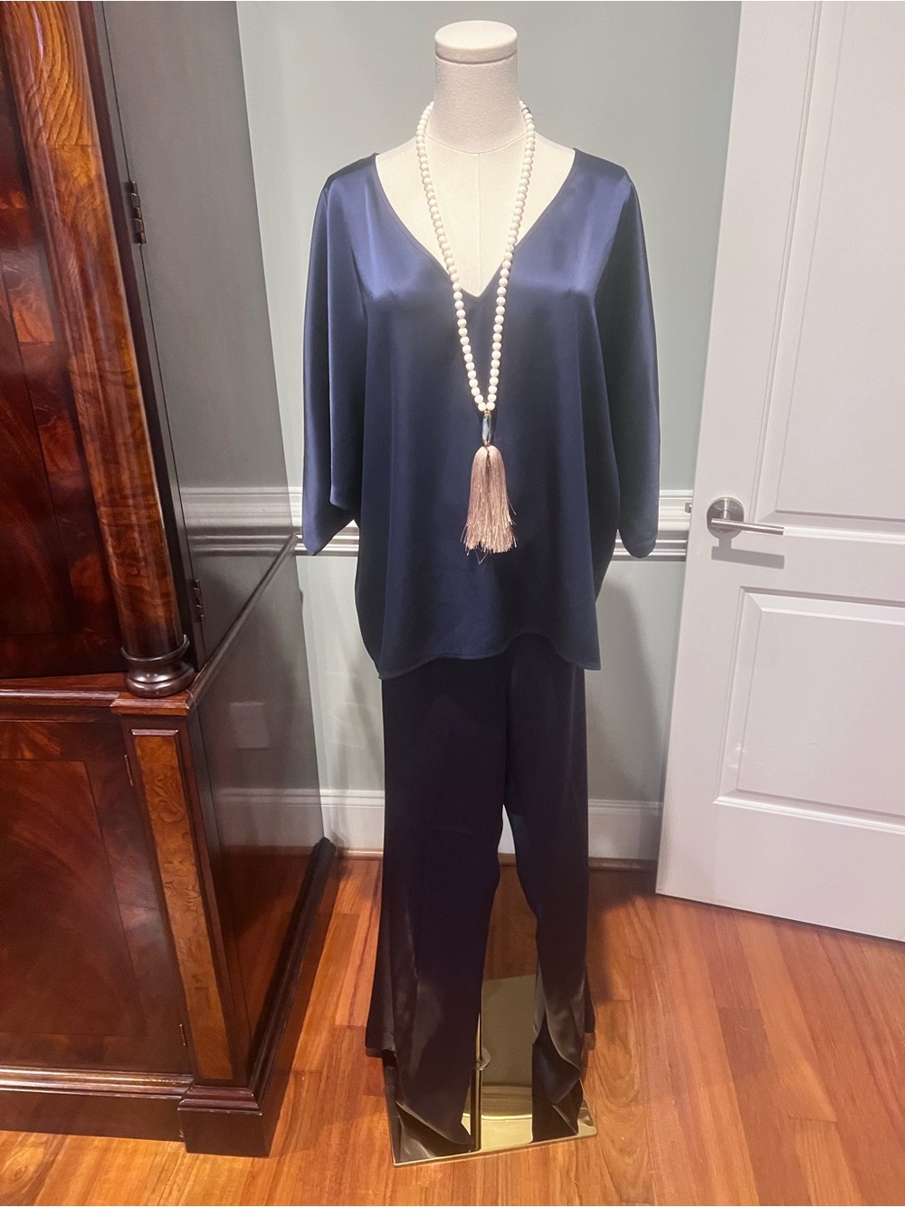 St. John Navy Satin Wide-Leg Pants Set with V-Neck